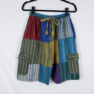 Jayli Hippie Short Mens L Festival Patchwork Striped Cargo Handmade Nepal